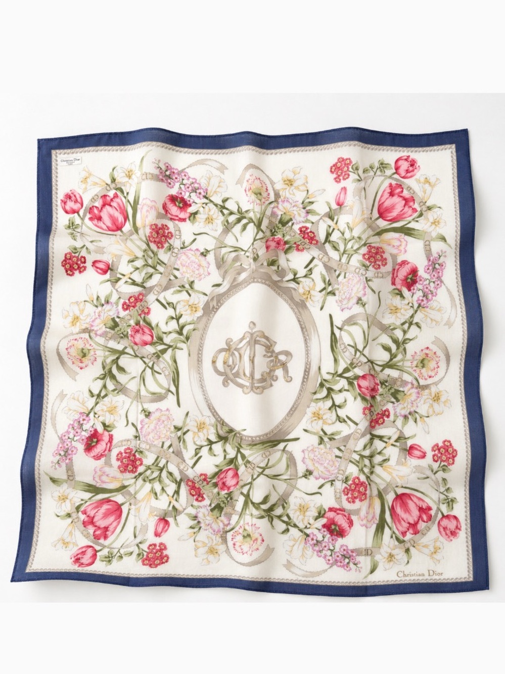 Christian Dior CD Monogram Logo Vintage Floral Cotton Scarf Bandana Handkerchief